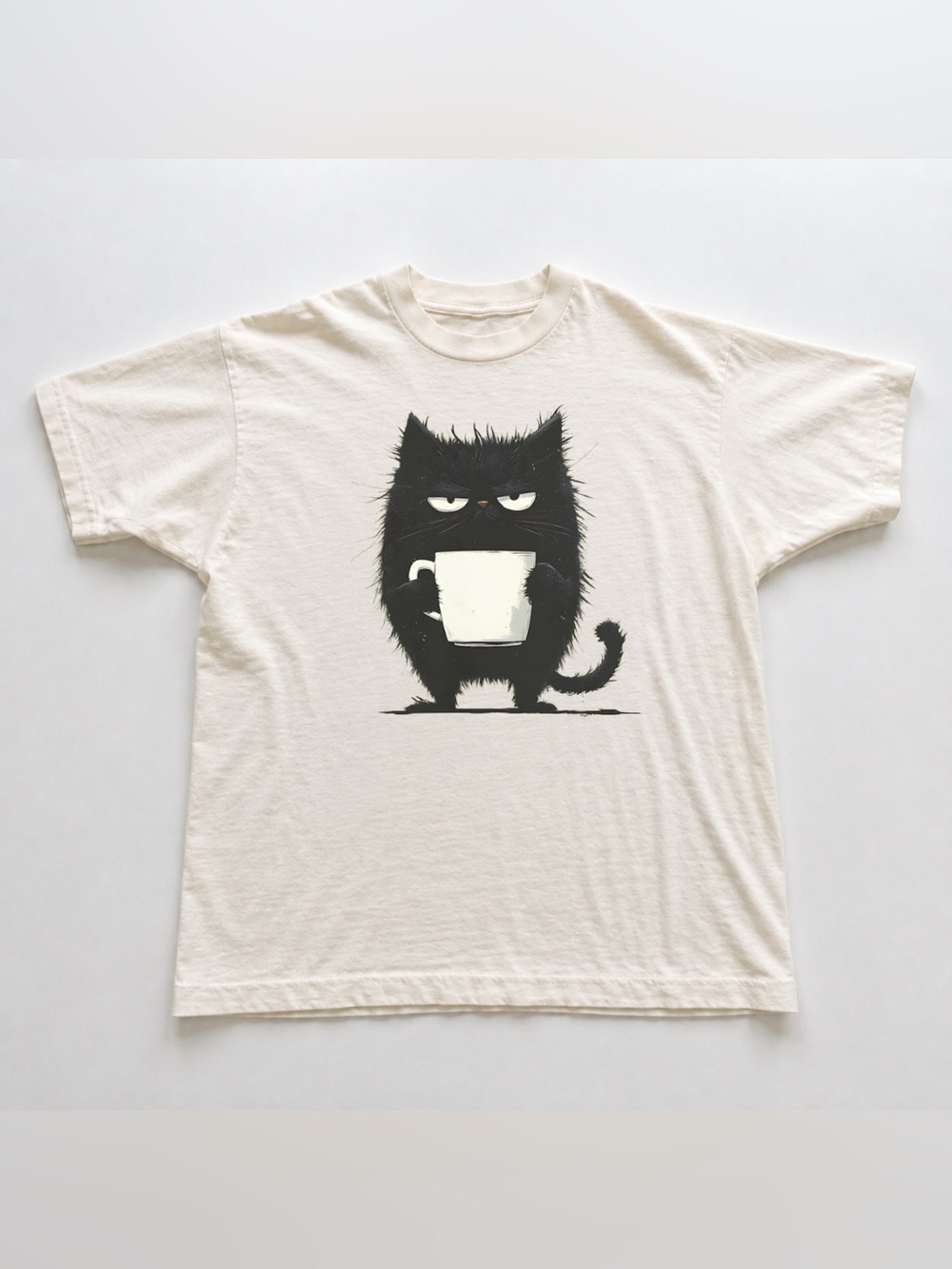 Off White Tee with Black Cat Coffee Graphic
